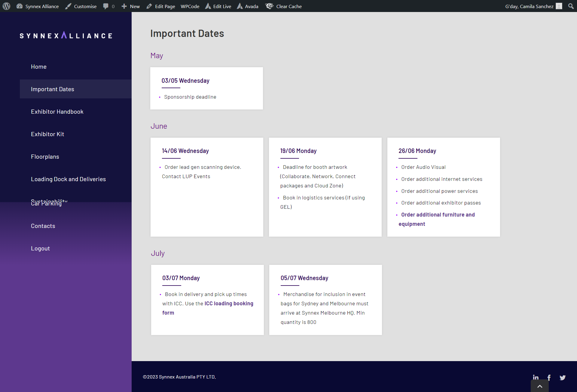 SYNNEX Alliance 2023 sponsor portal showing production deadlines and important dates